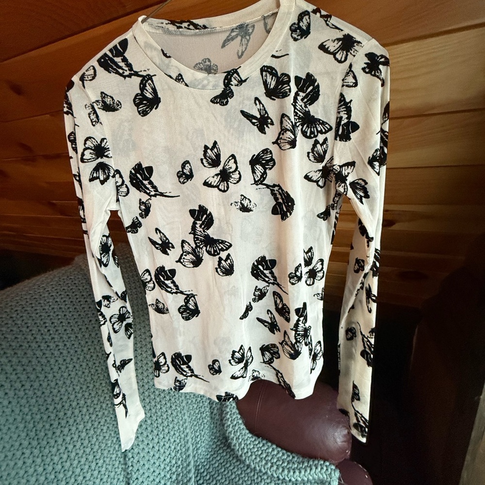 Butterfly Print Long Sleeve Mesh Top